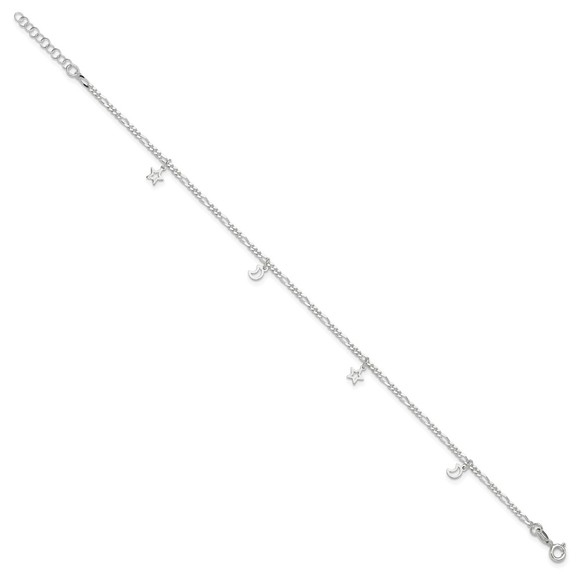 925 Sterling Silver Polished Star Charm and Moon 9" + 1" Ext. Jewelry Anklet - Picture 3 of 9